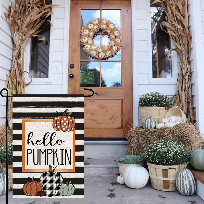 Decorhua Fall Garden Flag Hello Pumpkin Sign 12 x 18 Inch Double Sided Autumn Farmhouse Seasonal Yard Outdoor Thanksgiving Decor DF082 - Image 2